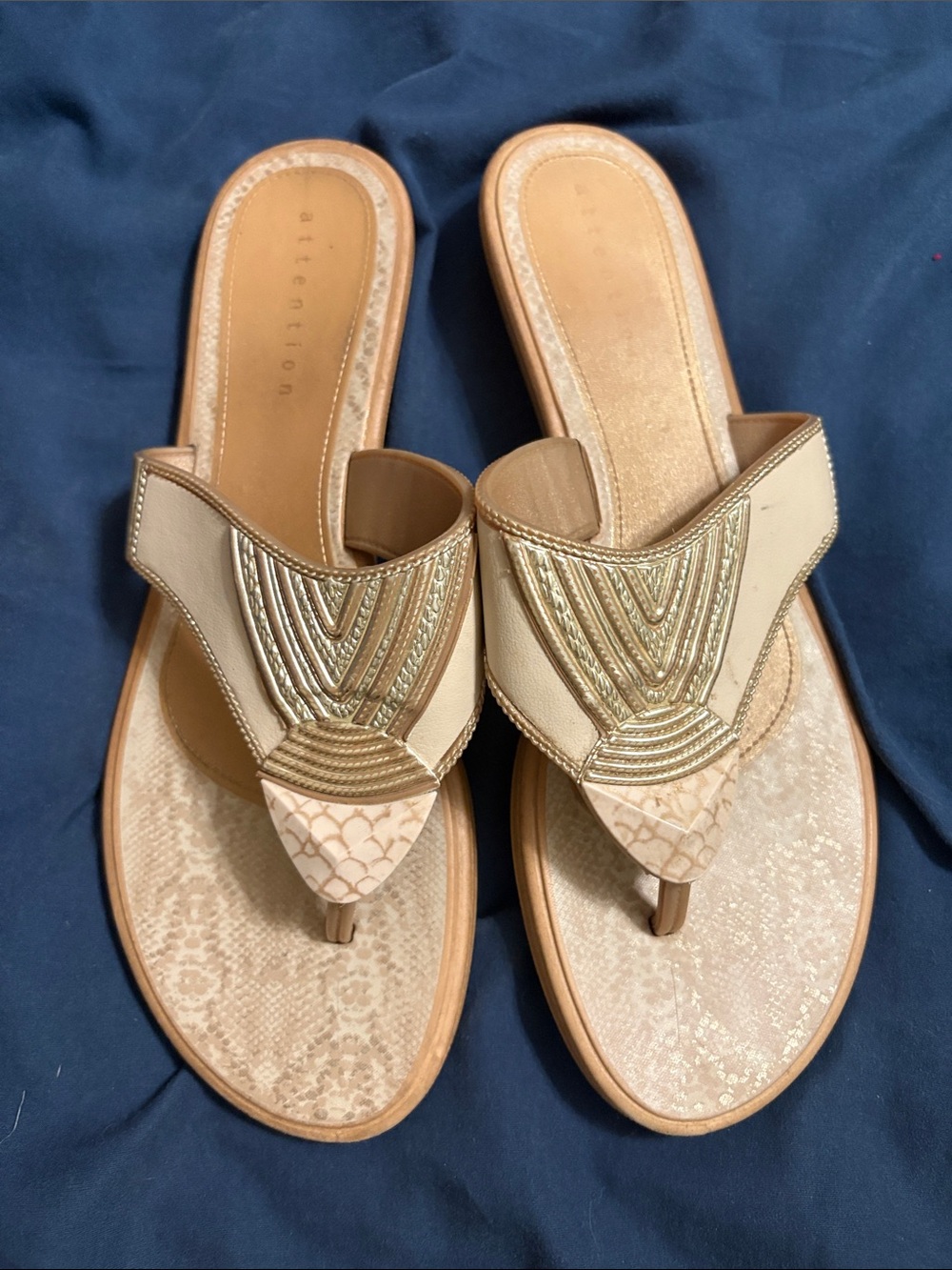 attention Beige and Gold Embellished Thong Sandals with Metallic Detail